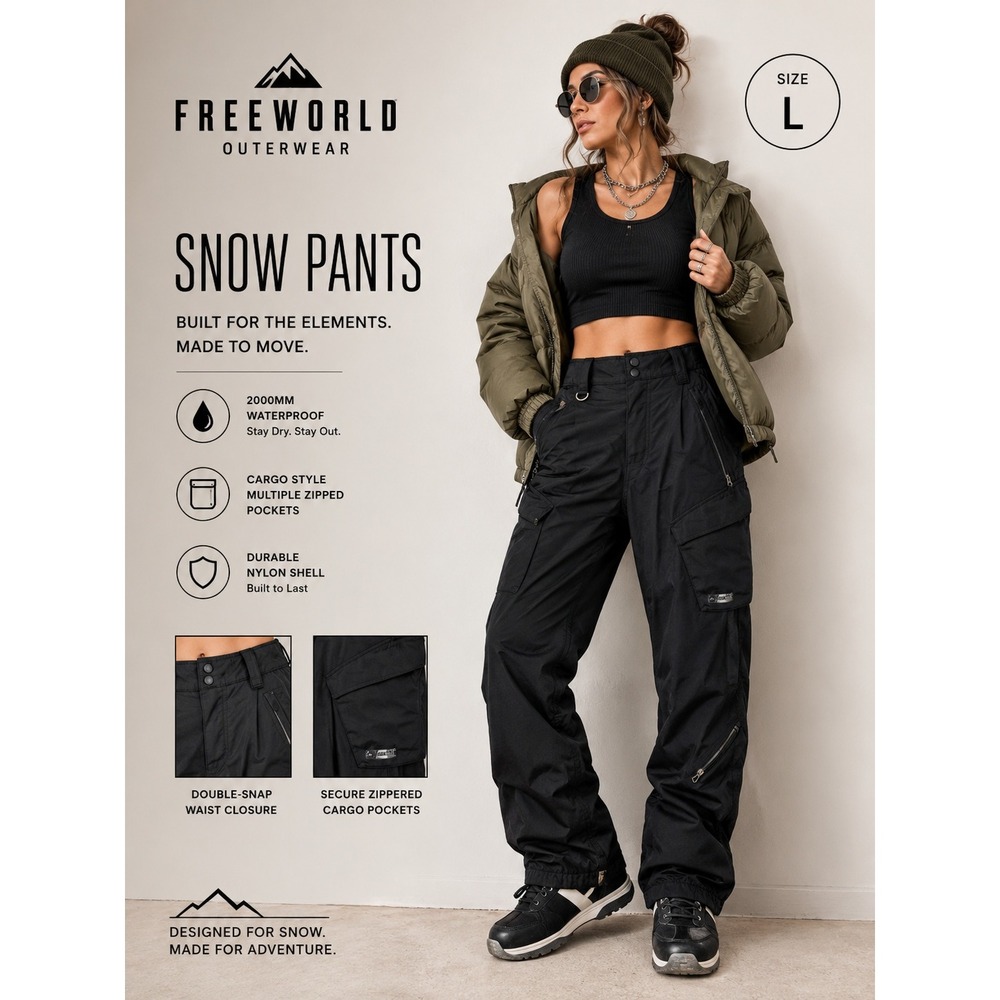 Freeworld Snow Pants Women Large Black Waterproof 2000mm Cargo Ski Snowboard